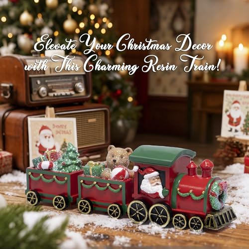 Hodao Christmas Train Decorations – Hand-Painted Resin Santa Claus Gift Train with Teddy Bear, Christmas Tree and Presents, Festive Ornament for Home, Tabletop, Shelf, Mantel, Décor