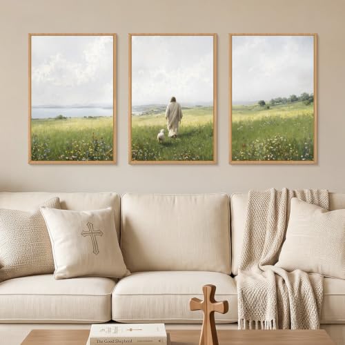 HLNIUC Jesus Lamb Framed Canvas Wall Art,Large Christian Wildflower Bible Wall Decor,Vintage Religion Scripture Artwork Set of 3(16x24),Nature Meadow Landscape Prints for Living Room,Bedroom,Office - color: Jesus Sheep, size: 16"L x 24"W