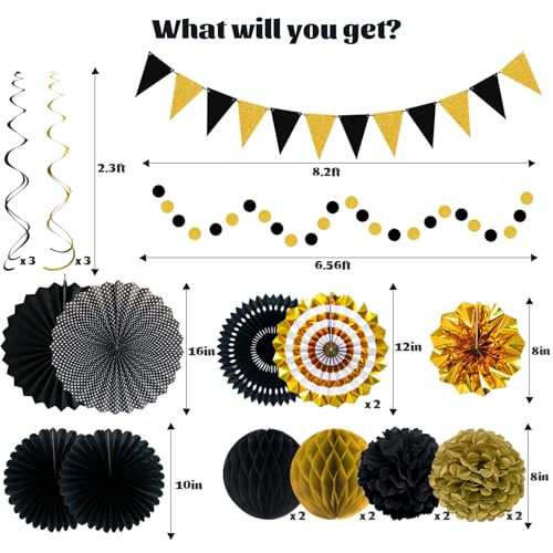 24 Pcs Black and Gold Party Decorations, Paper Fans Pom Poms Garland Decor - color: Black and Gold