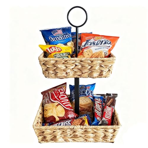 2 Tier Wire Fruit Basket with Rattan | Square Metal Standing Baskets| Handwoven Fruit and Vegetable Storage Organizer |Stackable Candy Organizer|Multi-Function Snack Rack&Shelf for Chips
