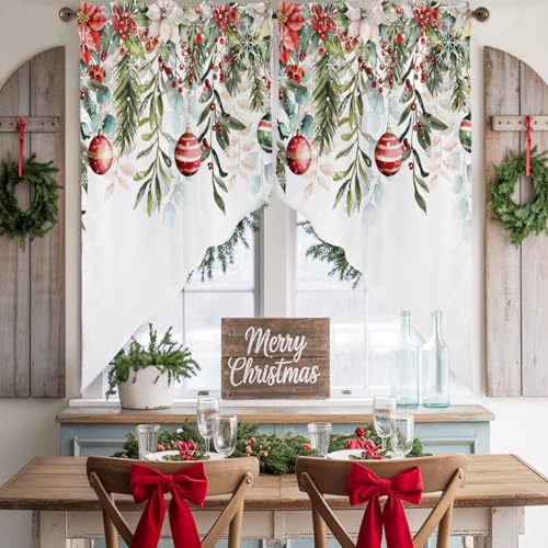 Christmas Swag Valances Kitchen Curtains 36 Inches Length,Winter White Red Poinsettia Tier Drapes Swag Topper,Xmas Balls Snowflakes Floral Leaf Short Window Treatments for Windows 2 Panels 28"x36" - color: White, size: 28"W x 36"L (Pack of 2)