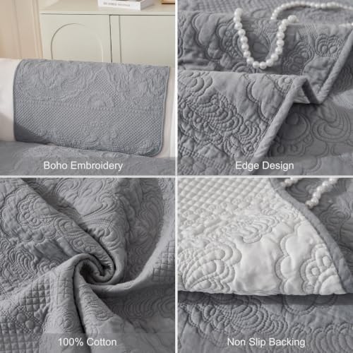 vctops Boho Cotton Quilted Couch Cover Soft Embroidered Sofa Cover Non-Slip Dog Bed Cover Scalloped Sofa Slipcover Washable Furniture Protector Cover (Light Grey,28"x70") - color: Light Grey, size: 1pc/28"x70"/Rectangular