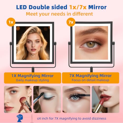 Ruacq Makeup Mirror with Lights 1X/7X Height Adjustable Matte Black - color: Matte Black - 7x