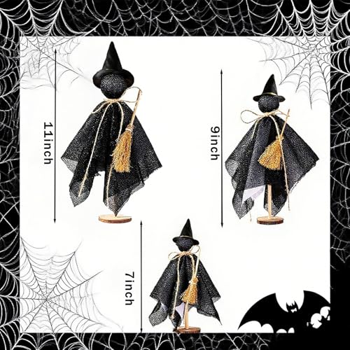 Halloween Decorations Indoor - 3 Set Primitive Halloween Witch with Hat, Wooden Stand Witch Decor for Table Centerpieces, Mantels, Shelves, Vintage Spooky & Festive Party Decor - color: Black Witch With Hat