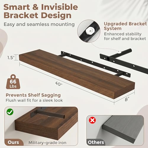 40 Inch Floating Shelves for Wall, 8"D Wood Storage Shelves, Walnut Finish - color: Walnut, size: 40 Inch