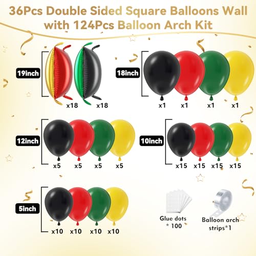 36pcs Red Green Gold Black Square Foil Balloons Wall Backdrop with 124pcs Balloon Garland Arch Kit, Double Sided Balloons for Juneteenth 1865 Freedom Day Supplies African American Baloons - color: Red Black Green Gold
