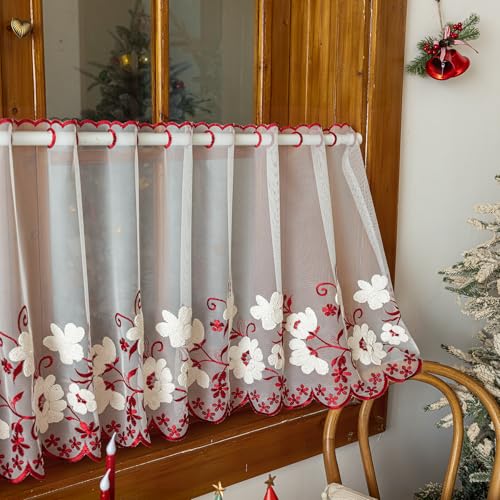 VOGOL Embroidered Lace Sheer Valance, Grommet Top, 55 x 24, 1 Panel, Red - color: Red