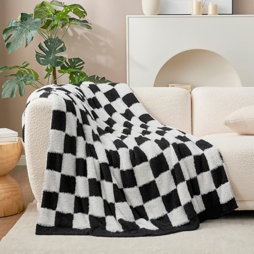 Snuggle Sac Faux Fur Checkered Blanket Twin Size with Soft Knitted Microfiber Fabric,Cozy Soft Warm Blanket for Sofa Bedroom Living Room,Black Checker,60x80 inches - color: Black White, size: Twin(60"x80")