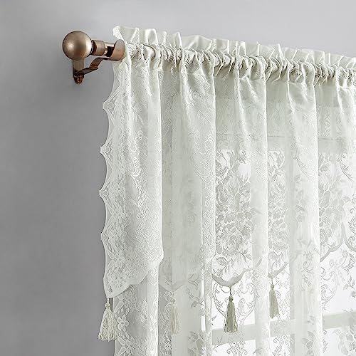 LinenZone 54 x 63 Ivory Lace Curtains with Tassels. (Luna 54x63, Ivory) - color: Ivory, size: 54"W x 63"L (Pack of 2)