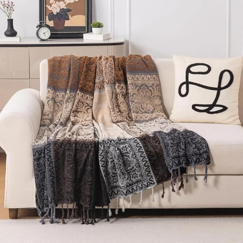 Boho Throw Blanket, Chenille Jacquard Tassels Throw Blankets for Bed Couch Soft Chair, Bohemian Fringe Tassels (Black, Large 86 * 102Inches) - color: Mocha Noir, size: 87" x 102"