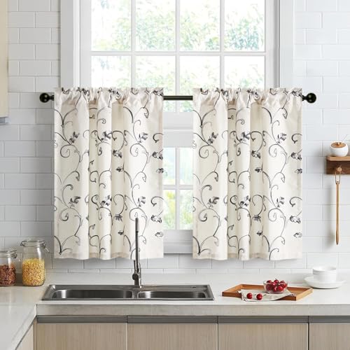 VOGOL Gray Vine Embroidered Tier Curtains, 30 x 36 Inches, 2 Panels - color: Grey, size: 30"W x 36"L (Pack of 2)
