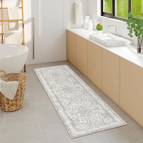 Lahome Oriental Bathroom Runner Rug,Washable 2x6 Beige Kitchen Runner Rug Non Skid Hallway Runner,Ultra-Thin Soft Rug Boho Indoor Floor Carpet Runner 6ft for Bedroom Entrway Laundry Room Helena - color: Beige/Ivory, size: 2' x 6' (Runner)