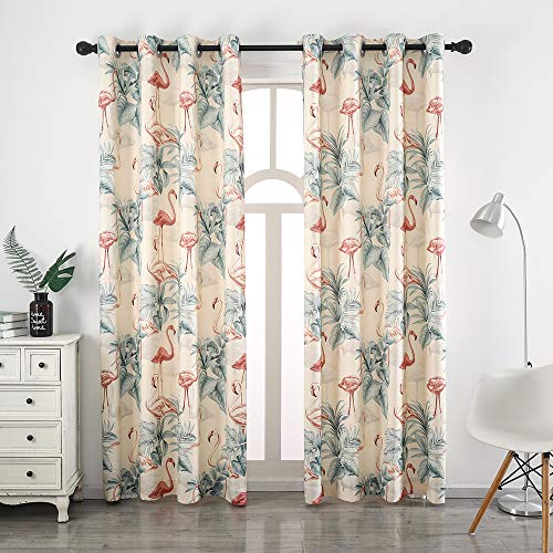 Autumn Dream White Blackout Curtains Grommet Top Leaves Flamingo Floral Farmhouse Curtains for Living Room,Bedroom,1 Panel,52 by63 inch - color: White Green Leaves Flamingo, size: 52"W x 63"L (Pack of 1)