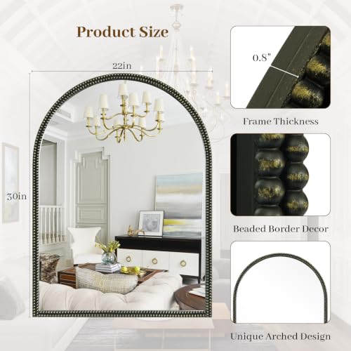 HOMECOOKIN Black Vintage Arched Mirror, 30x22 Inch Vanity Wall Mirror with Antique Metal Beaded Ornate Frame, Baroque Decorative Mirror for Bathroom, Living Room, Fireplace, Entryway - color: Black-a, size: 30"L x 22"W