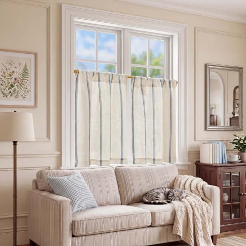 jinchan Linen Striped Tier Curtains for Kitchen Windows Farmhouse - color: Shadow Stripe | Blue on Linen, size: 26"W x 24"L (Pack of 2)