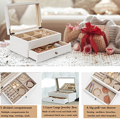 Meangood Jewelry Box Organizer for Women, 2 Layer Large Jewelry Storage Case, Rustic Wooden Jewelry Box with Mirror & Ring Tray for Necklace Earring Bracelets Rings, Vintage Style (White) - color: White, size: 1-Drawer