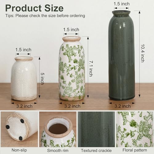 Vintage Ceramic Vase Set of 3, Flower Small Chinoiserie Vase Rustic Modern Farmhouse Centerpiece Decorative Pottery Vases for Table Mantel Entryway Bookshelf Living Room Kitchen Home Decor - color: Vintage- Green