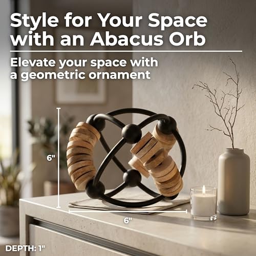 Home and Office Ornament for Living Room Decor – Unique Metal Abacus Orb with Wood Disc Detailing – Sculptural Home Decor for Shelf, Office, Coffee Table, or Bathroom Accent – 6" Black & Brown - size: 6.0" H