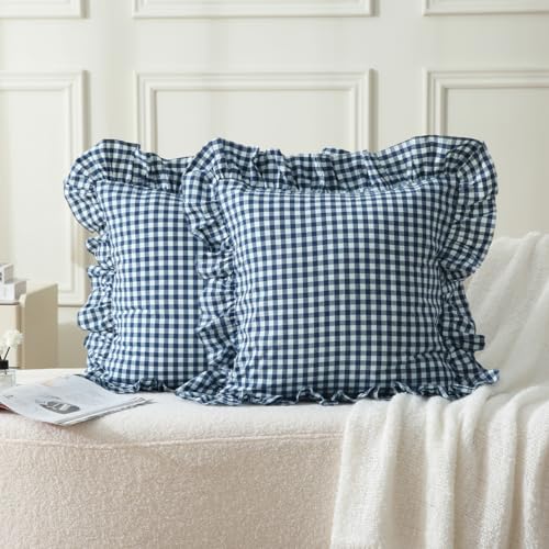 Silnuo Navy Blue/White Gingham Plaid Ruffle Throw Pillow Covers 18"x18" - color: Navy Blue Plaid, size: 18" x 18" (Pack of 2)