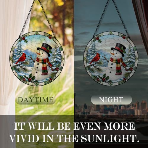 Snowman Cardinal Bird Suncatcher Stained Glass Window Hanging, Winter Christmas Snowy Forest Scene Sun Catchers Indoor Window Glass Round Wall Decor, Xmas Wall Art Hanging Decorations 7.8x7.8 - color: Christmas_16