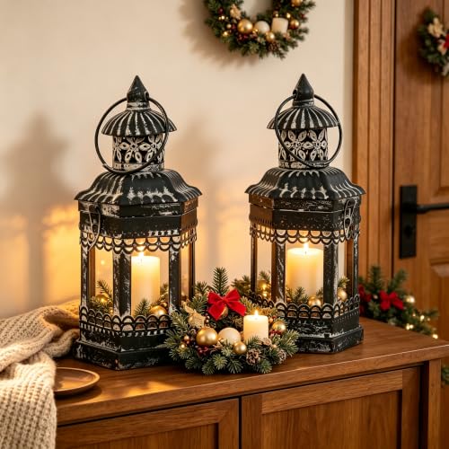 Set of 2 Black Distressed Metal Lanterns, Vintage Farmhouse Decorative Wind Lights, Rustic Hanging Candle Holders Lantern for Christmas, Mantel, Tabletop - color: Black - Set of 2