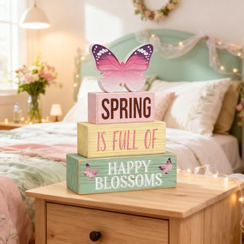 Spring Decoration Wooden Tiered Tray Decor – Butterfly Spring Stacked Block Sign with Floral Accents – Farmhouse Tabletop Spring Decor for Shelf Mantel Seasonal Home Display - style: Butterfly