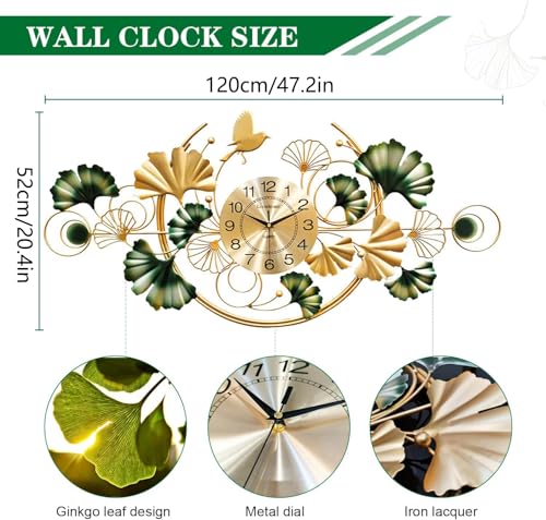 Large Wall Clock for Living Room, 47" Metal Ginkgo Leaf Wall Decor