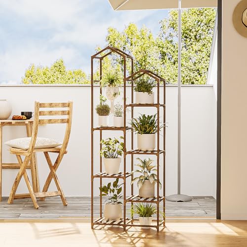 Bamworld Plant Stand Indoor Outdoor 6 Tier Tall Large Wood Plant Shelf - color: Brown, size: 6 Tiers - Roof Shaped