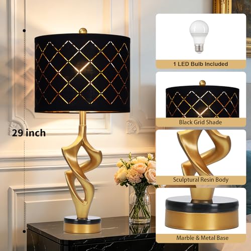 Ruzectt 29" Tall Black and Gold Table Lamp for Living Room, 3 Color Temperatures Bedside Lamp for Bedroom Nightstand, Modern Sculptural Resin Lamp with Grid Shade (1 LED Bulb Included) - color: Black & Gold (1 Pack)