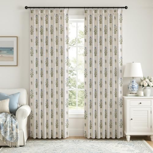 Floral Pinch Pleated Linen Curtains,Blue & Beige White,40" W x 96" L - color: Blue and Beige White, size: 40"W x 96"L (Pack of 2)