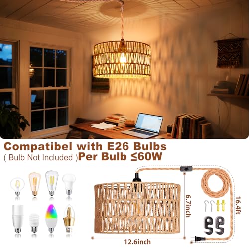 Maliralt Hanging Lamps Rattan Pendant Light Hanging Lights 16.4ft Plug in Cord Pendant Light Fixture Plug Into Wall Outlet Pendant Lighting with On Off Switch for Bedroom Living (Cylindrical Shade) - size: 12.6 Inch - Cylindrical Shade