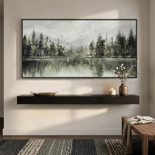 Framed Pine Tree Forest Lake Landscape Wall Art for Living Room, 60x30 Inch - color: Gray Green