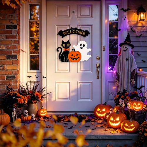 Halloween Welcome Wreath for Front Door Wooden Black Cat Ghost Door Decor - color: Welcome2