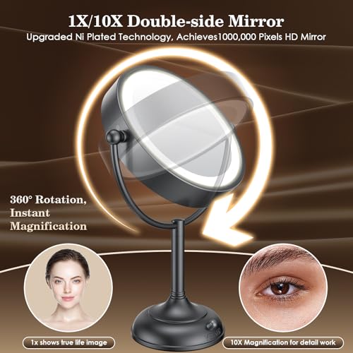 Professional 8.5" Large Lighted Makeup Mirror with Brighter Lights, 1X/10X True HD Magnifying Mirror with 3 Color Dimmable Lights, 90 Shadowless LEDs, 360°Swivel Seamless Vanity Mirror, Black Nickel - color: Black Nickel
