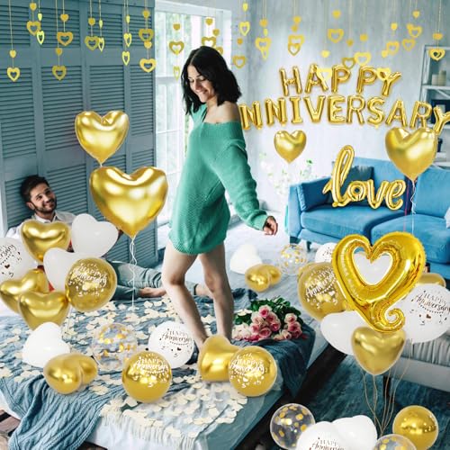 Happy Anniversary Decorations Balloons for Anniversary Valentine's Day - color: White Gold