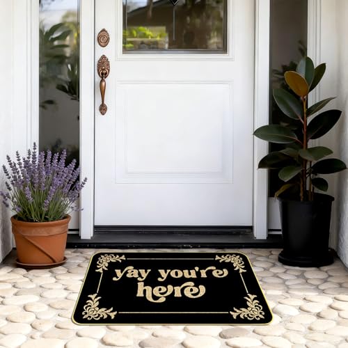 Funny Door Mat, Yay You're Here Doormat, Cute Welcome Mat, Black Door Mats, Non Slip Backing Doormats for Porch Entryway Home Front Door Outside Decor, 17x29 Inch, All-Season Decor - color: Black Yay You're Here