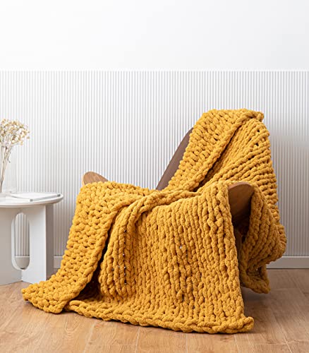 Chunky Knit Blanket Soft Chenille Yarn Knitted Throw Blanket 50"X60" Handmade Cable Warm Thick Giant Blanket for Couch Bed Trips (Turmeric Yellow, Throw 50"X60")?-¡ - color: Turmeric Yellow, size: Throw 50"X60"