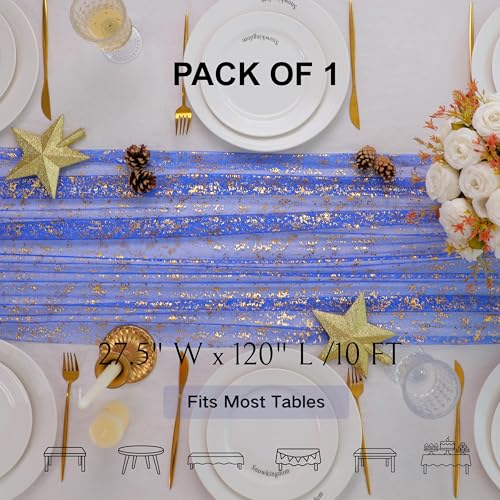 Royal Blue Gold Table Runner Glitter Decorations Sheer Gauze 10 Ft - color: Blue Gold, size: 10FT/1Pc