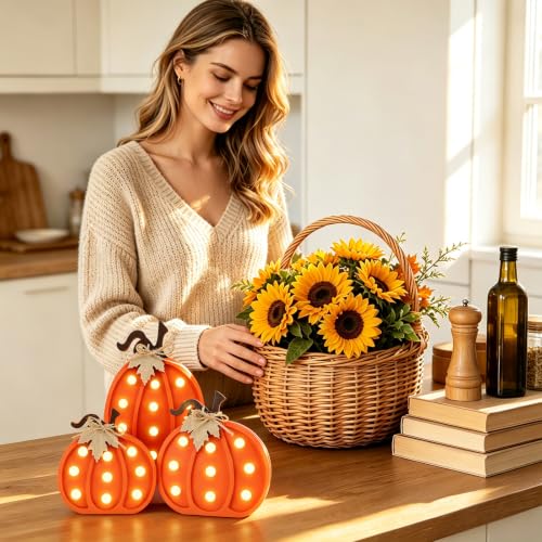 Fangoo 3Pcs Wooden Fall Pumpkins Light Up Table Centerpieces Decor