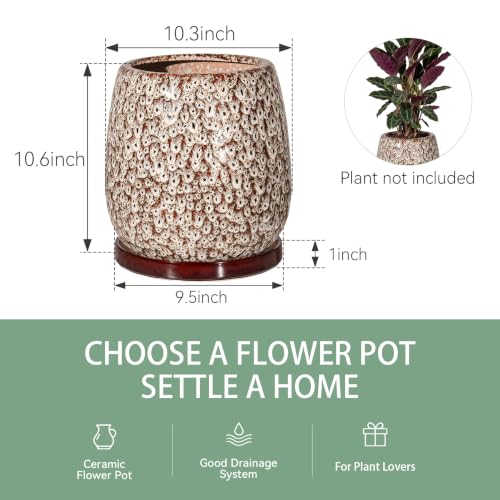 10.3 Inch Ceramic Glaze Plant Pot with Saucer, Flower Pots with Drainage Hole Mesh Net (Spot White) - color: Spot White