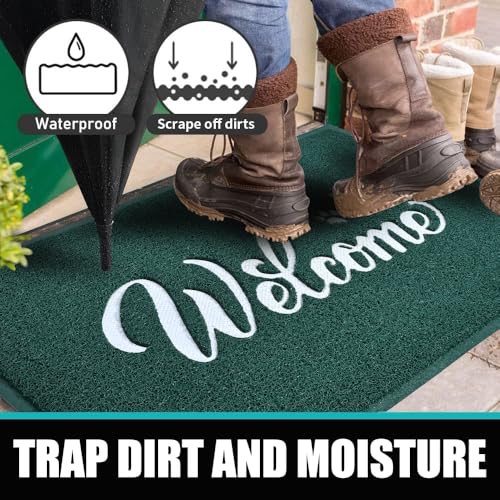 T.HENV Welcome Mat Outdoor, 2' x 3' (Rectangular), Green-White, Waterproof, Quick Drying, Low Profile, Heavy Duty, Non Slip, Fade Resistant - color: Green-white, size: 36" x 24"