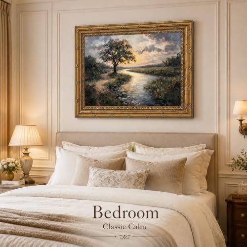 Vintage Gold Framed Wall Art, Retro Forest River Canvas Painting, Countryside Scenery Wall Decor for Living Room, Office, Bedroom, 9x11 Inch - color: Framed-rive, size: 11"L x 9"W