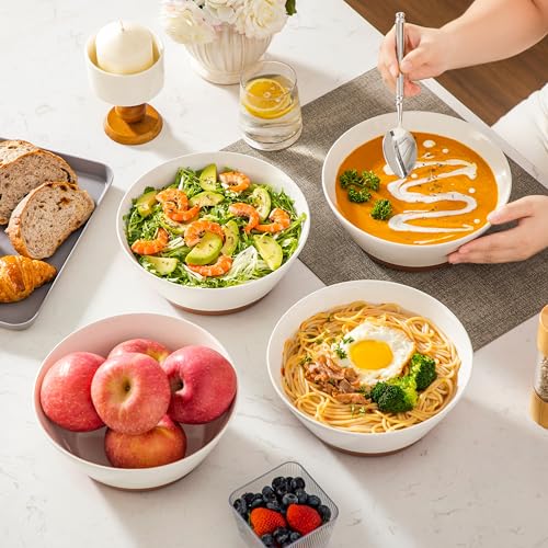 MALACASA Salad Bowls Set of 4, Soup Bowls for Kitchen, 60oz Ceramic Bowl - color: White&Brown, size: 60oz
