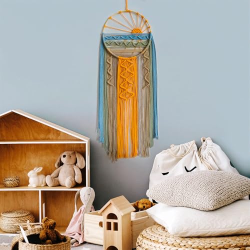 LB Boho Sunset Macrame Wall Hanging Orange and Green Small Dream Catcher Hand Woven Cotton Tapestry Modern Aesthetic Wall Art for Home, Bedroom, Living Room - color: Blue