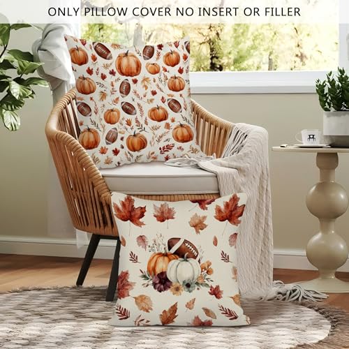 Vintage Fall Football Pumpkin Throw Pillow Covers 18x18 Set of 2, Neutral Autumn Decor Pillow Cover Cases, Rustic Farmhouse Harvest Decor Cushion Cover Pillowcases for Home Living Room - color: Football