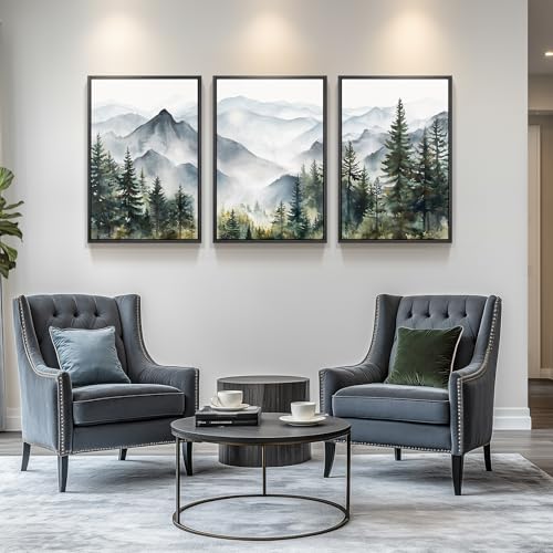 Large Framed Landscape Wall Art for Living Room, Mountain Print, 24x36 Inch - color: Green Blue White, size: 24" W x 36" H x 3Pcs