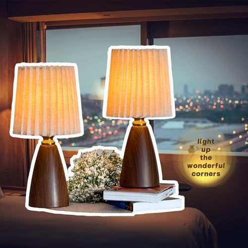 Small Pleated Table Lamp Set of 2 for Bedroom, Mini Bedside Lamps for Nightstand with Round Fabric Linen Shade, Dimmable Desk Lamp, Cute Table Lamps for Small Spaces for Living Room, Kids Room - style: 2 Art Deco