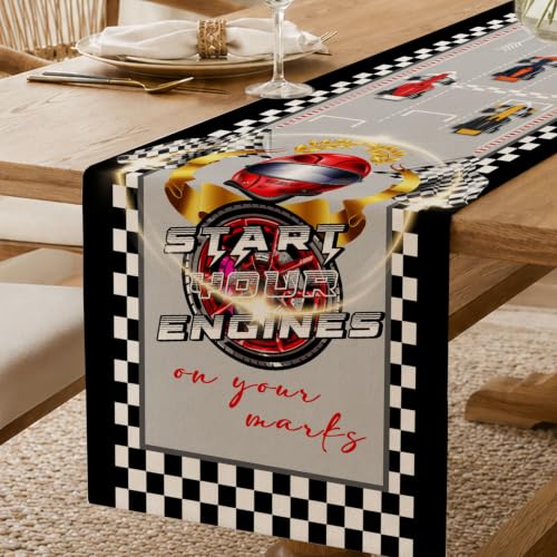 Race Car Table Runner Linen Checkered Racing Birthday Party Decor 72 inch - color: Grey