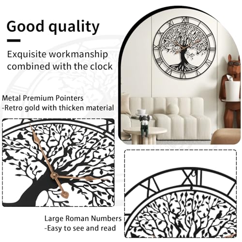 Dankeit Tree of Life Wall Clock, 24Inch Metal Black Family Tree Oversized Wall Clocks for Living Room Bedroom Home Decor, Modern Silent Mid-Century Battery Operated - color: A