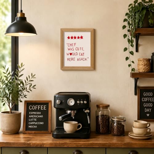 Funny Kitchen Wall Art 5 Star Review Quote Canvas Print Chef Was Cute Would Eat Here Again Red Text Wall Decor for Cafe Bistro Kitchen Dining Room Framed 8x10 inch - color: chef, size: 10"L x 8"W